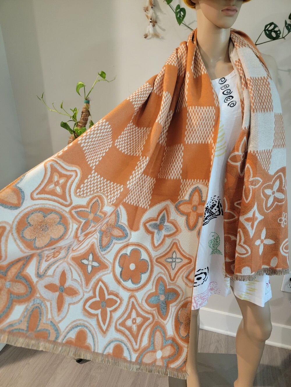 Classic Checkered And Floral Patterned Shawl Wrap Scarf Open Poncho Cape